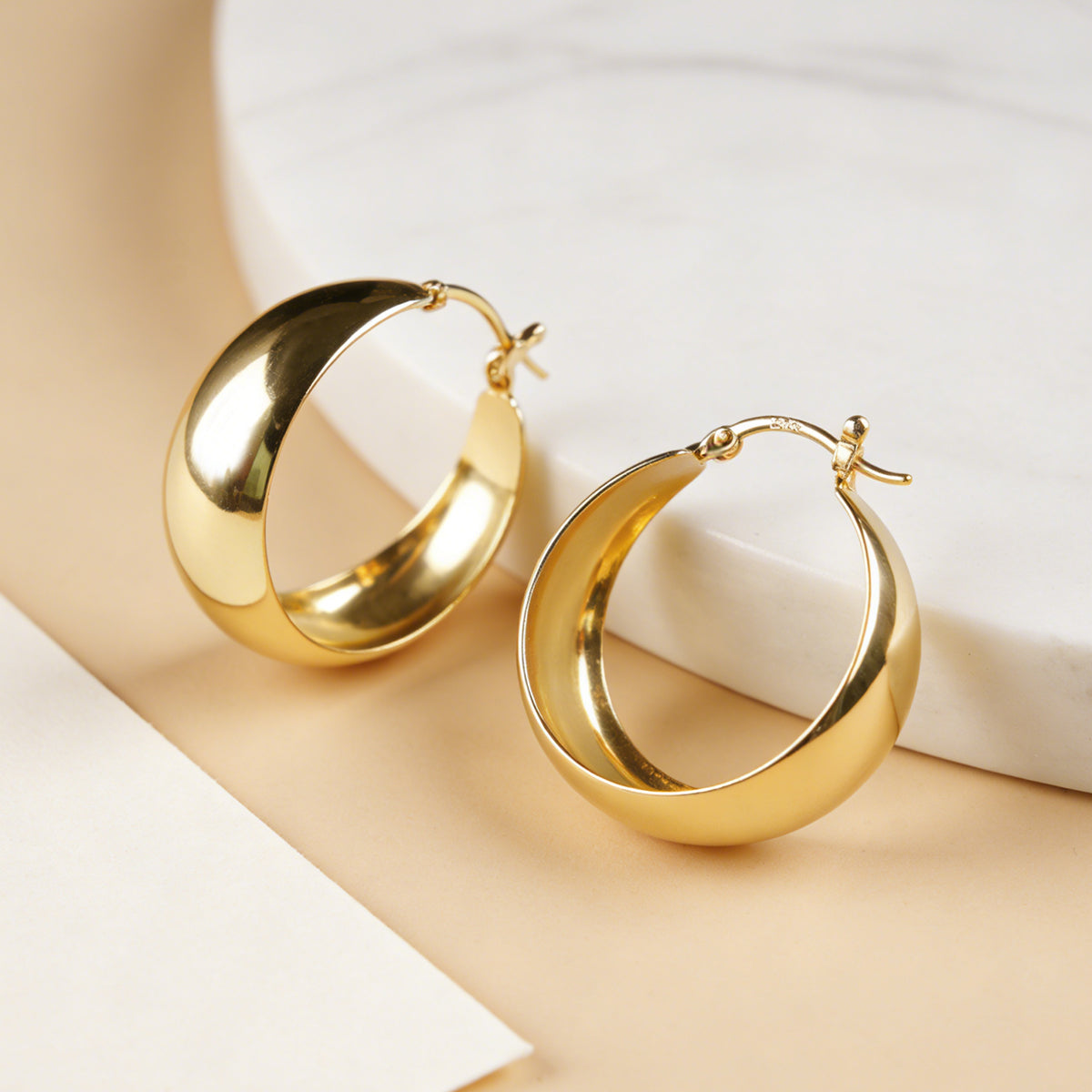 Chunky 14K Gold Plated Hoop Earrings - 30mm Lightweight Dome Hoops