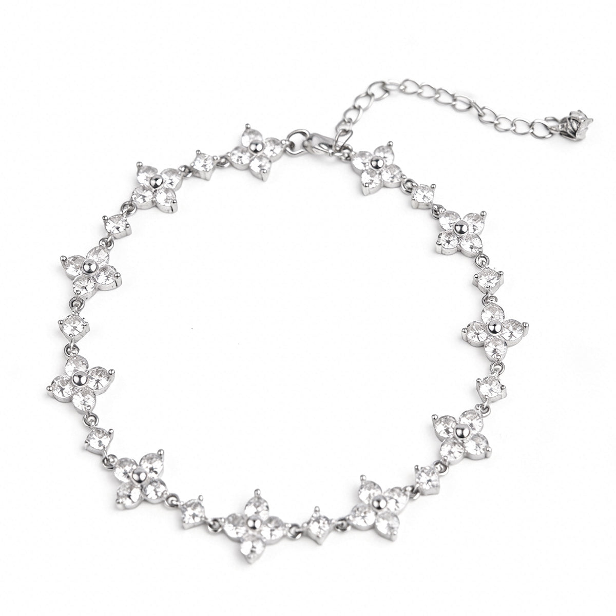 Dainty Four-Leaf Clover Cubic Zirconia Bracelet - Silver Plated Floral Chain