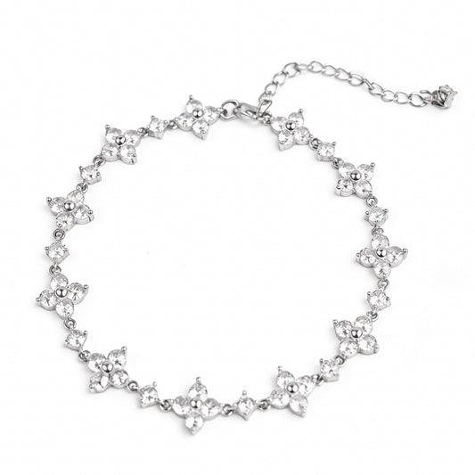 Dainty Four-Leaf Clover Cubic Zirconia Bracelet - Silver Plated Floral Chain