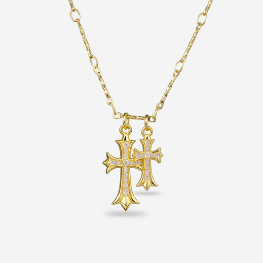 Double Cross Pendant Necklace | 14K Gold Plated & Pave Zircon | Adjustable Layering Chain