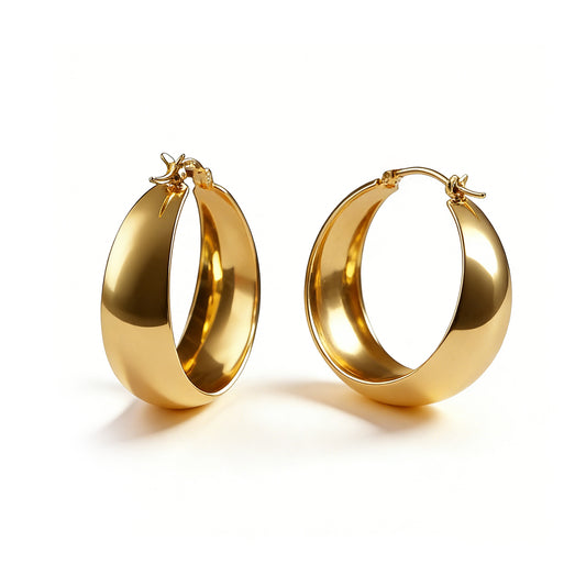Chunky 14K Gold Plated Hoop Earrings - 30mm Lightweight Dome Hoops