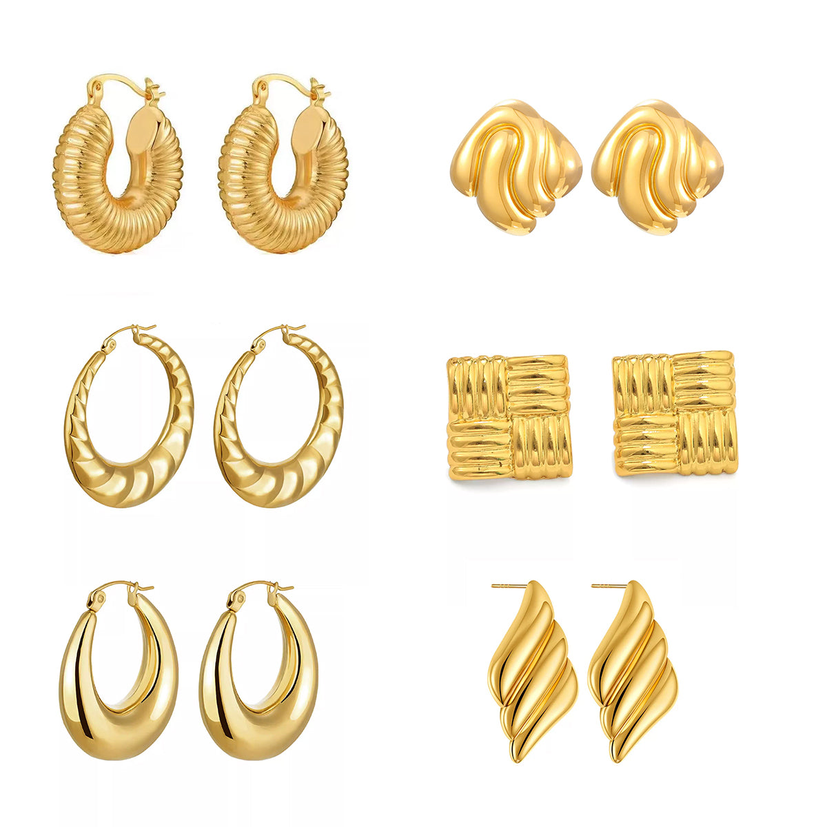 14K Gold Plated Chunky Earring Collection - Vintage Geometric Hoops & Studs