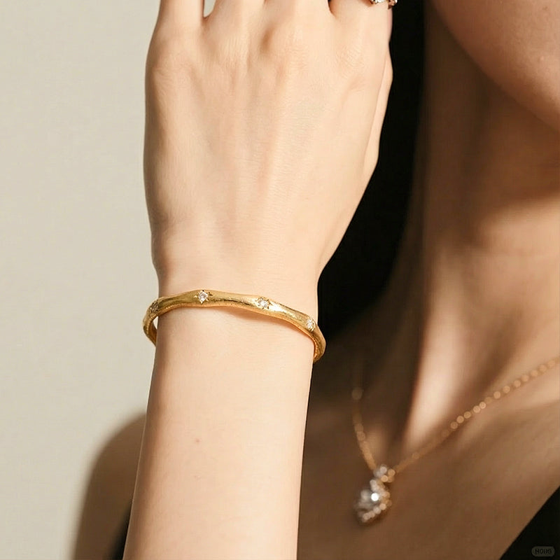 Dainty Oval Gold Plated Bangle for Small Wrists - Effortless Cubic Zirconia Stone Bangle