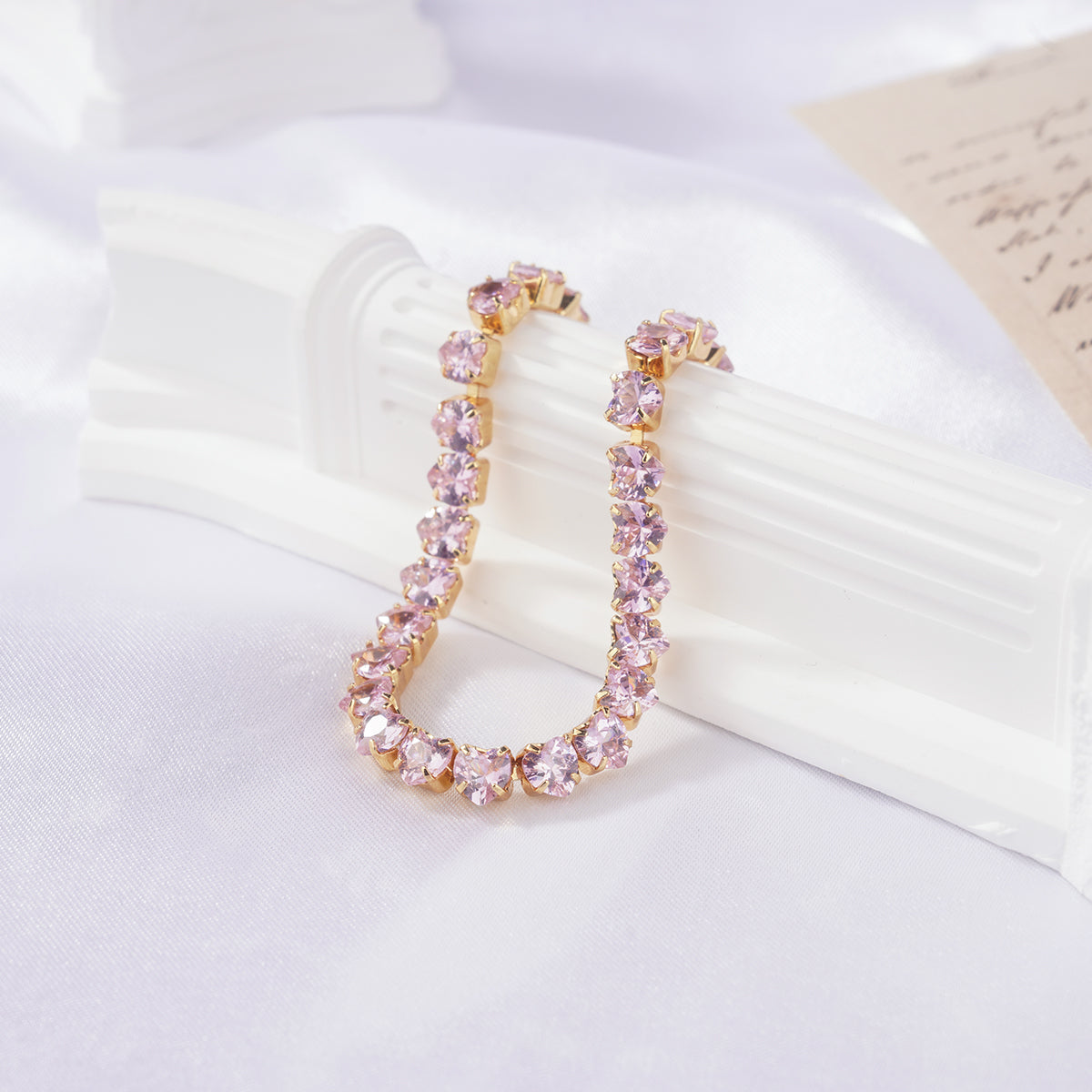 Rose Pink Heart Tennis Bracelet - Gold Plated Cubic Zirconia (Adjustable)