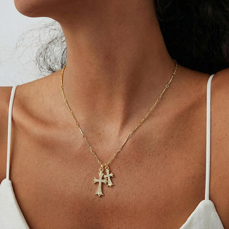 Double Cross Pendant Necklace | 14K Gold Plated & Pave Zircon | Adjustable Layering Chain