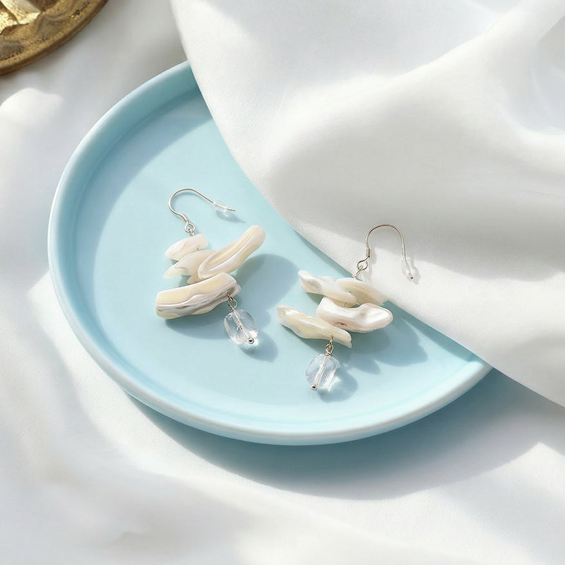 Dainty Natural Mother of Pearl Cluster Drop Earrings - Unique Organic Shape Summer Sea Jewelry for Women