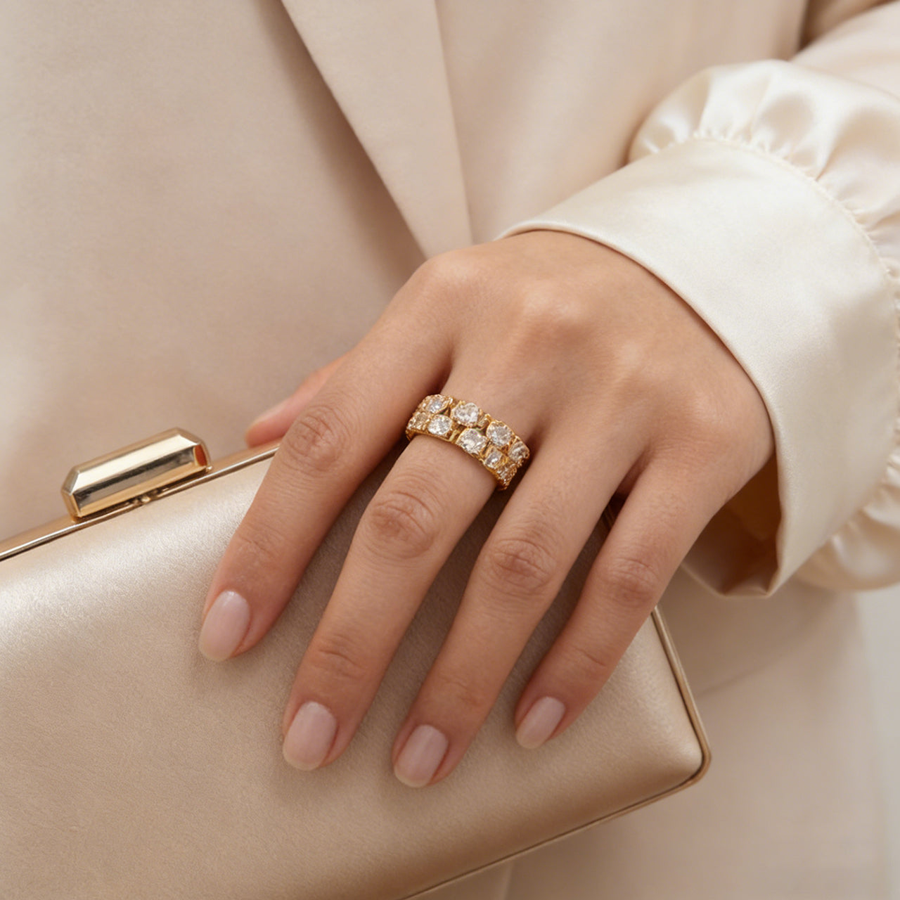 Gold Tone Adjustable Eternity Ring - Cubic Zirconia Open Band for Women