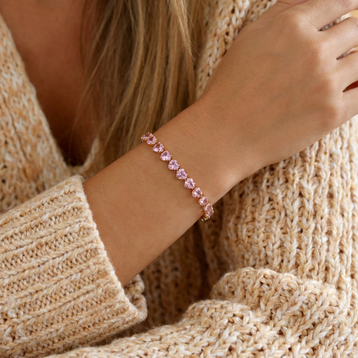 Rose Pink Heart Tennis Bracelet - Gold Plated Cubic Zirconia (Adjustable)