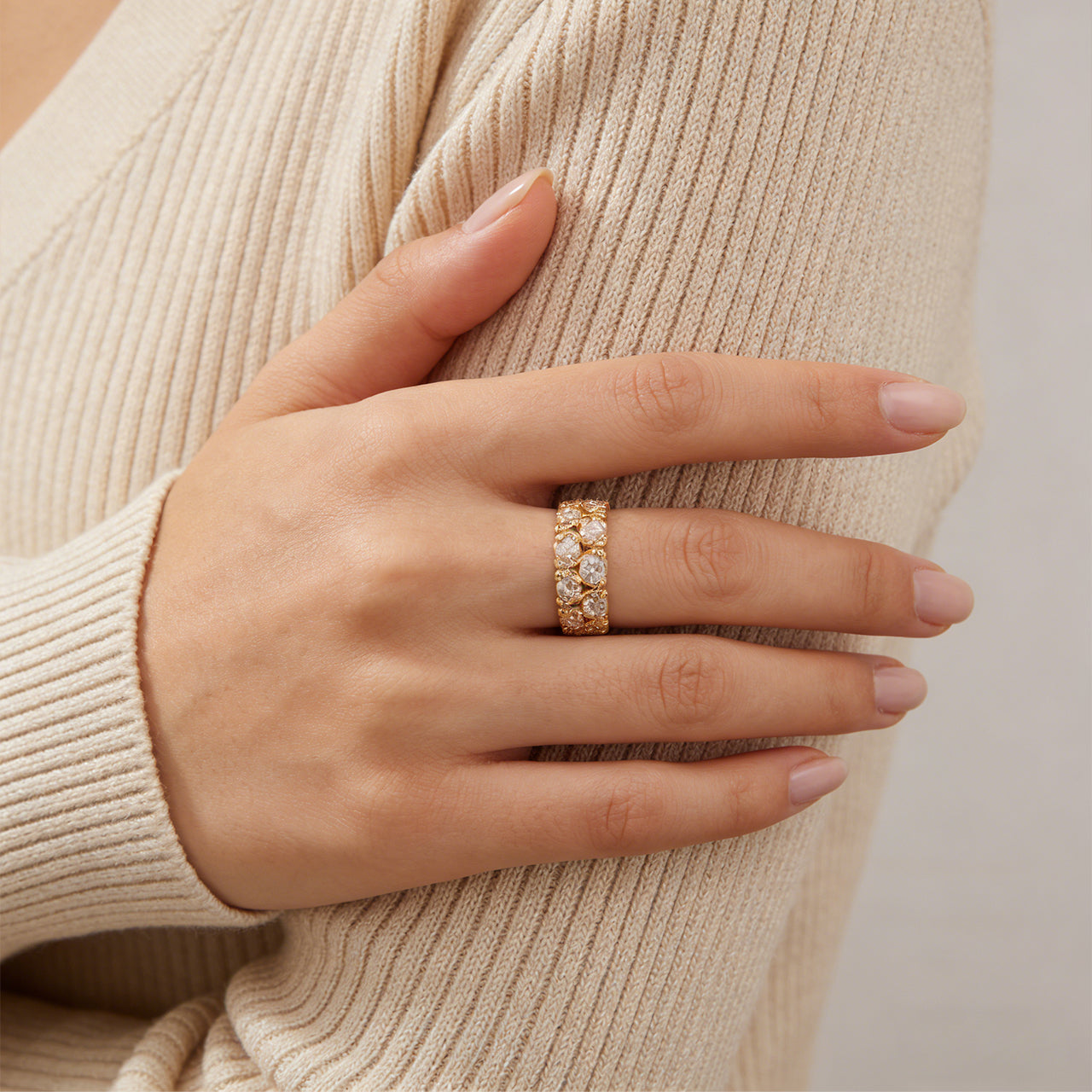 Gold Tone Adjustable Eternity Ring - Cubic Zirconia Open Band for Women