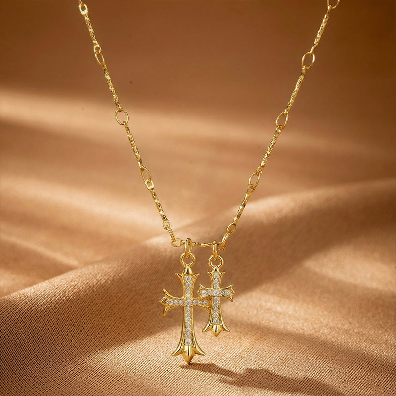Double Cross Pendant Necklace | 14K Gold Plated & Pave Zircon | Adjustable Layering Chain