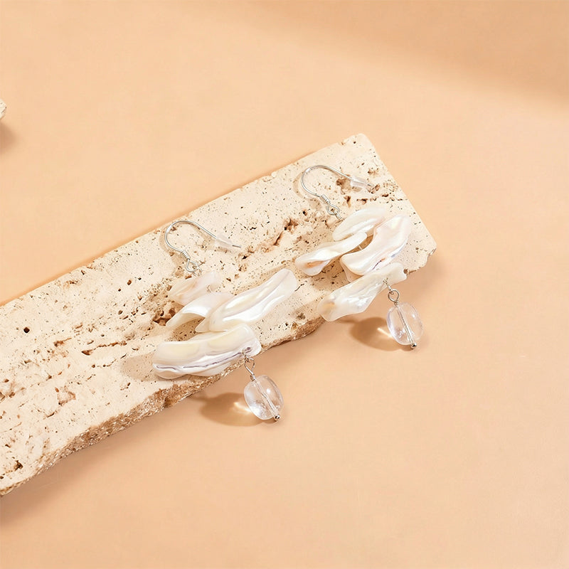 Dainty Natural Mother of Pearl Cluster Drop Earrings - Unique Organic Shape Summer Sea Jewelry for Women