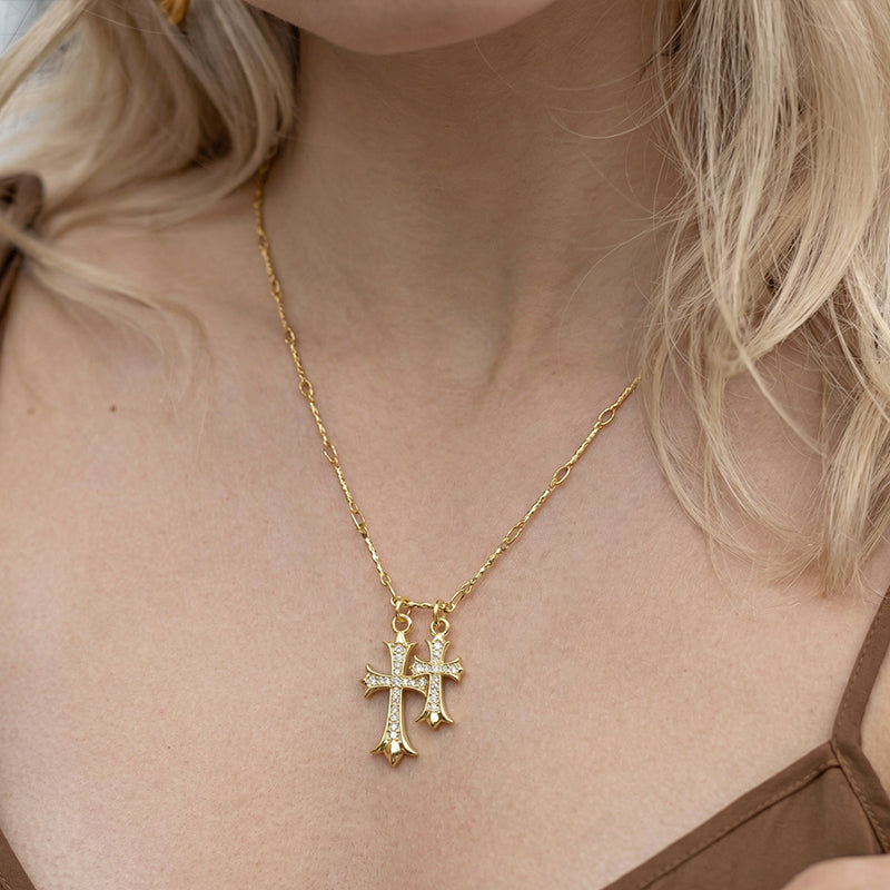 Double Cross Pendant Necklace | 14K Gold Plated & Pave Zircon | Adjustable Layering Chain