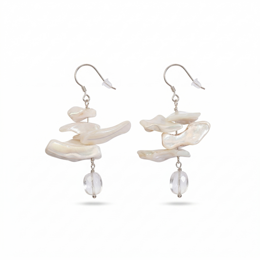 Dainty Natural Mother of Pearl Cluster Drop Earrings - Unique Organic Shape Summer Sea Jewelry for Women